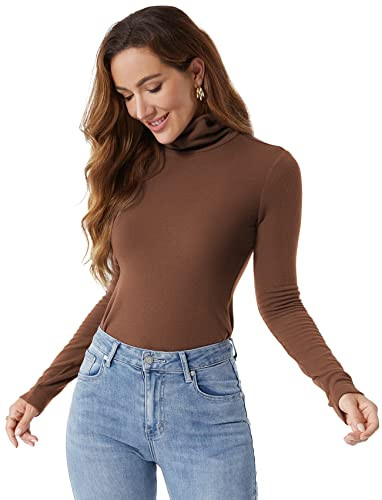 Zengjo Womens Turtleneck Long Sleeve Ribbed(Brown,M) | Amazon (US)