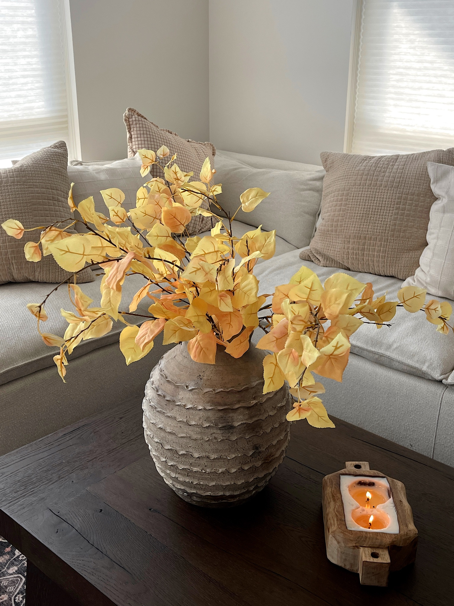 The cutest faux fall stems, massive pottery barn vase, wood candle, fall decor, fall style 

#LTKunder100 #LTKhome #LTKSeasonal