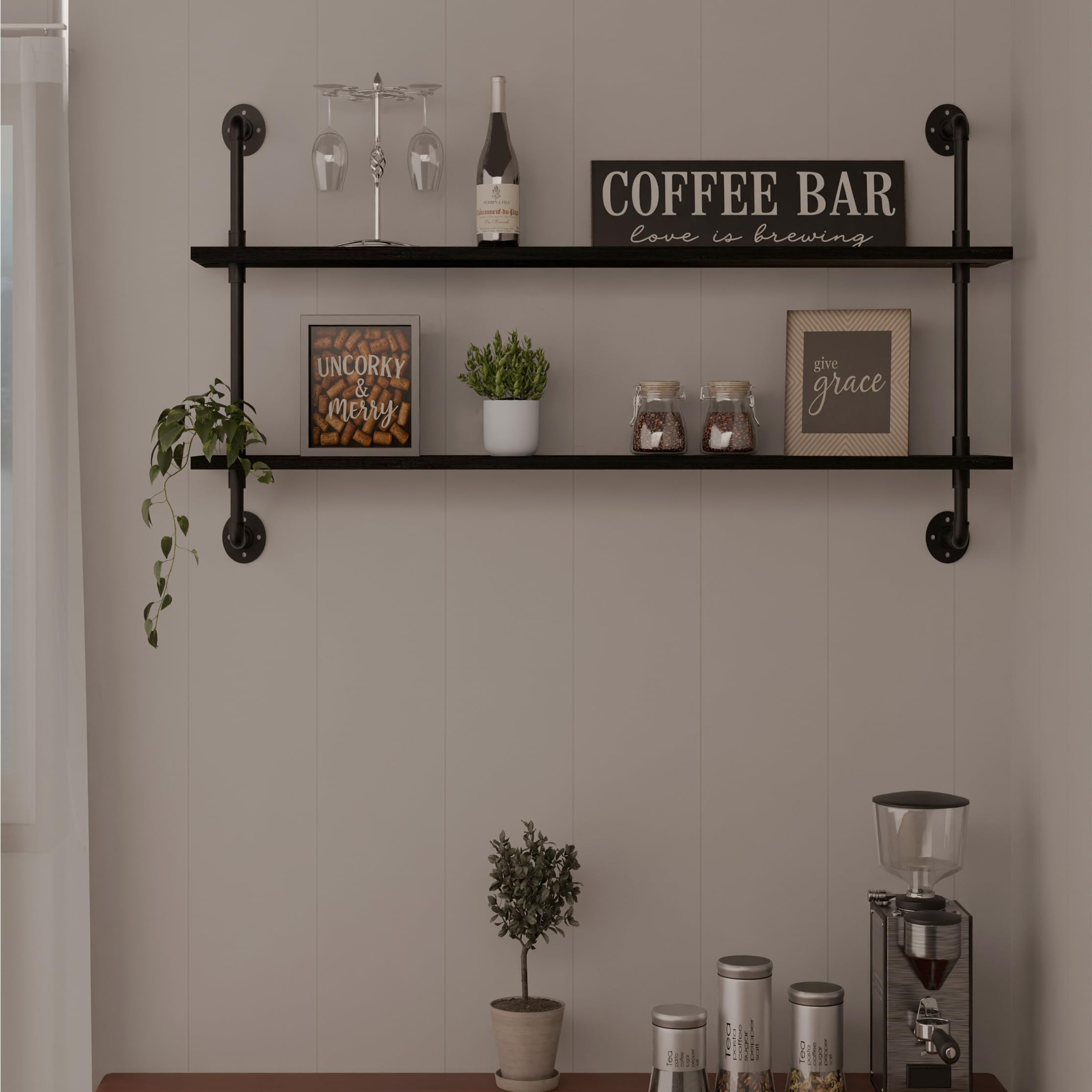 Floating Bookshelf - Industrial Pipe Shelving, Rustic Black Wall Shelves, 36 Inch Farmhouse Book ... | Amazon (US)