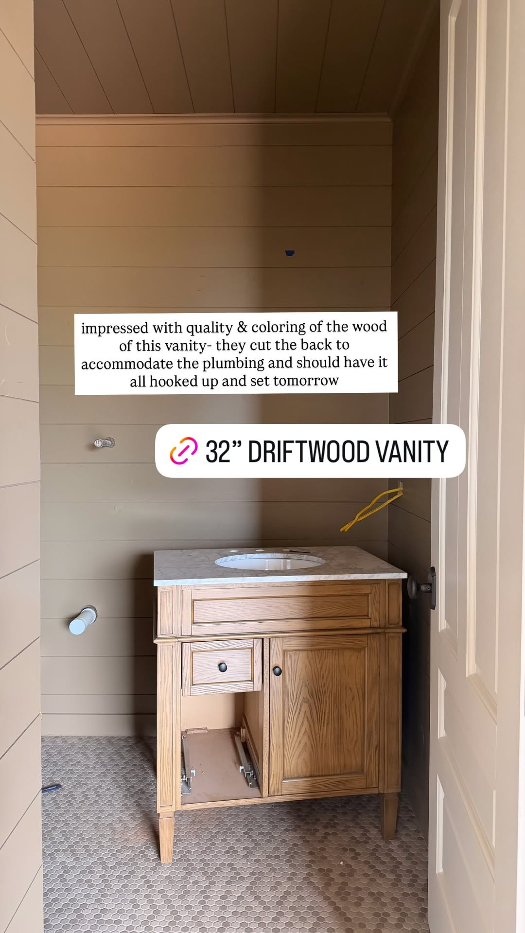 impressed with quality & coloring of the wood on this vanity- they cut the back to accomodate the plumbing and should have it all hooked up and set tomorrow! 🤎 if you are looking to upgrade your bathroom vanity or remodeling, this one is perfect. 

 #LTKSeasonal #LTKHome