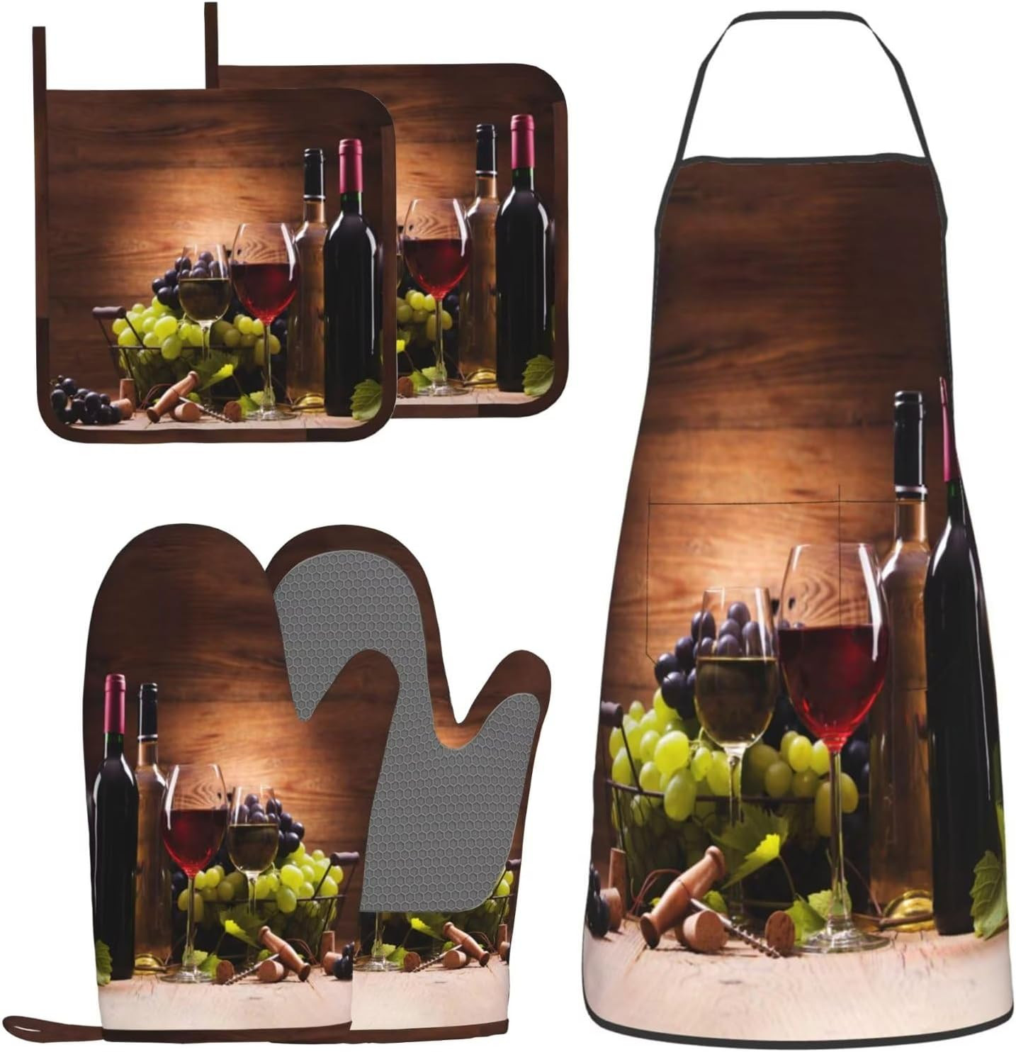 Vintage Glasses Wine Grapes Oven Mitts and Pot Holders with Apron Set of 5 Silicone Kitchen Mitte... | Amazon (US)