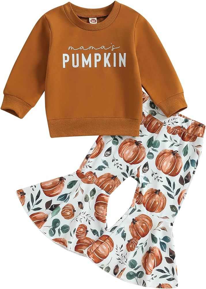 CIYCUIT Toddler Baby Girl Halloween Outfits Letter Print Sweatshirt Bell Bottoms Fall Clothes | Amazon (US)