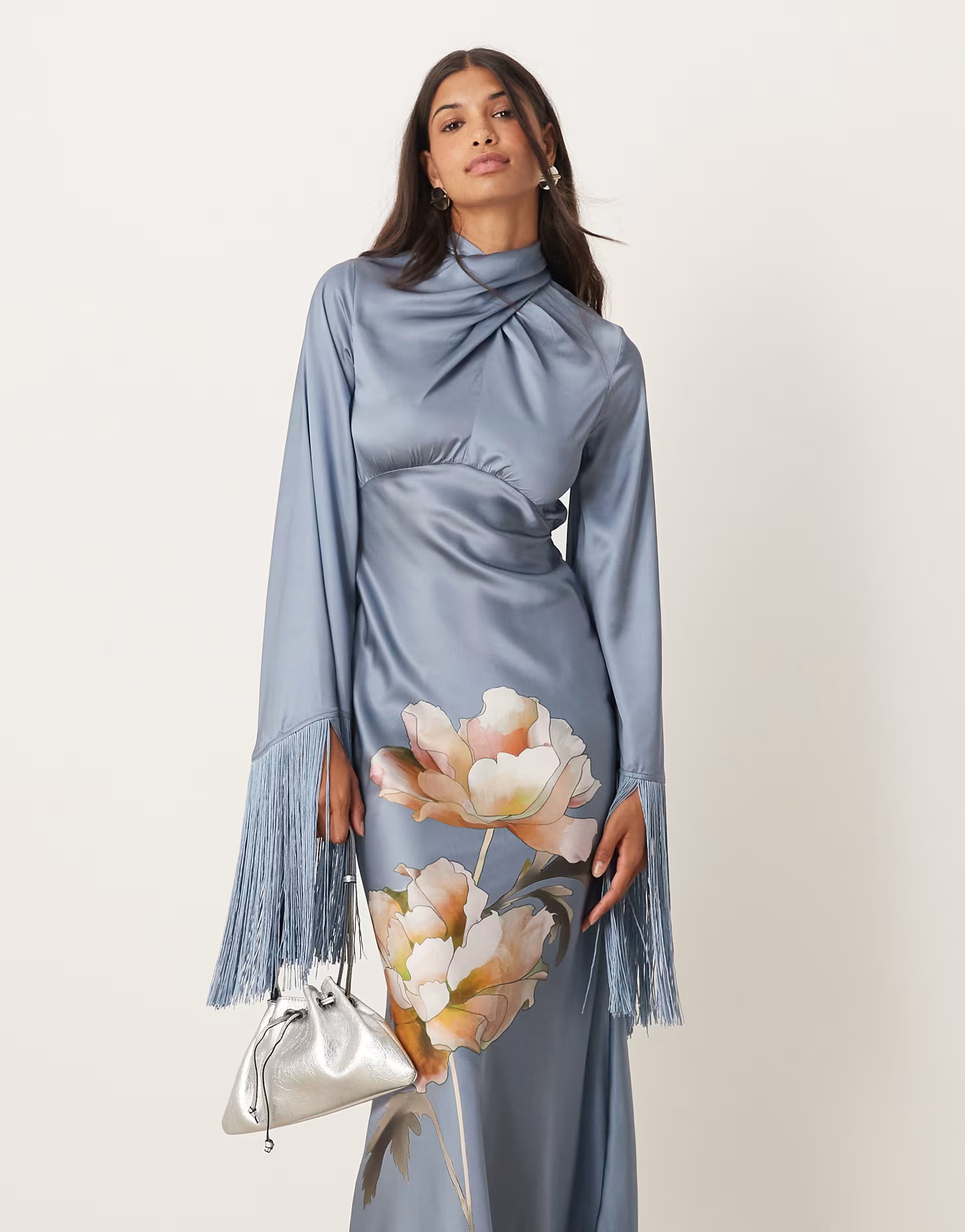 ASOS DESIGN draped neck satin bias maxi dress with fringe sleeve detail in overblown floral | ASO... | ASOS (Global)