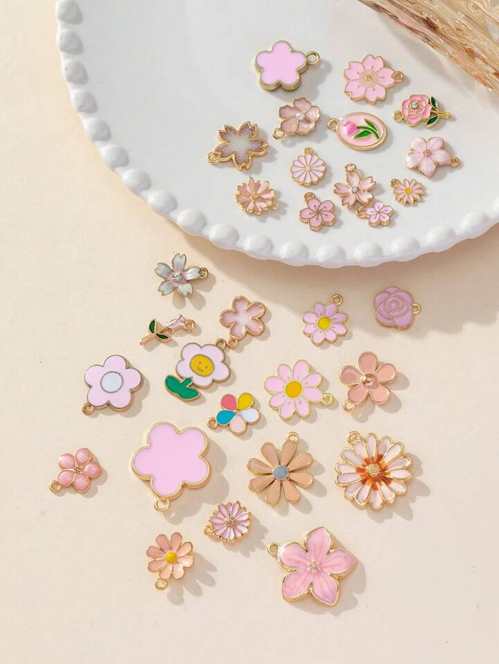 Fashionable Sweet Pink Color Range Assorted Flower Shaped Alloy Pendant For Diy Earrings, Necklac... | SHEIN