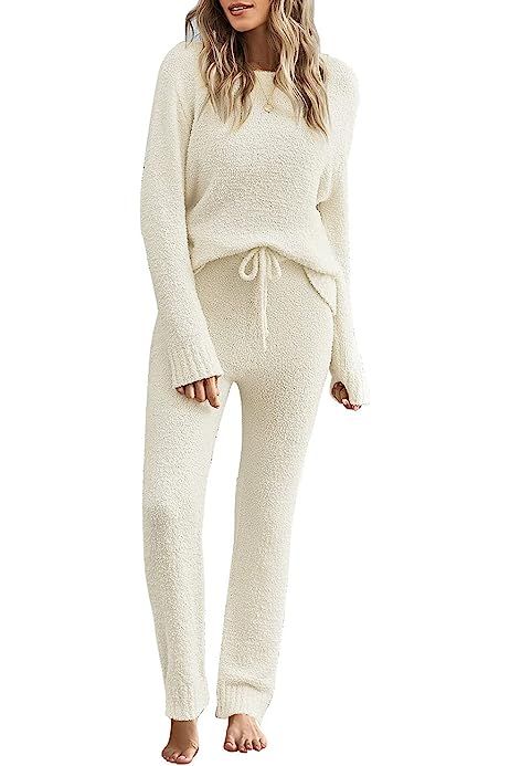 luvamia Women's Casual Pajama Set Fuzzy Fleece Knitted Long Sleeve Pj Loungewear | Amazon (US)