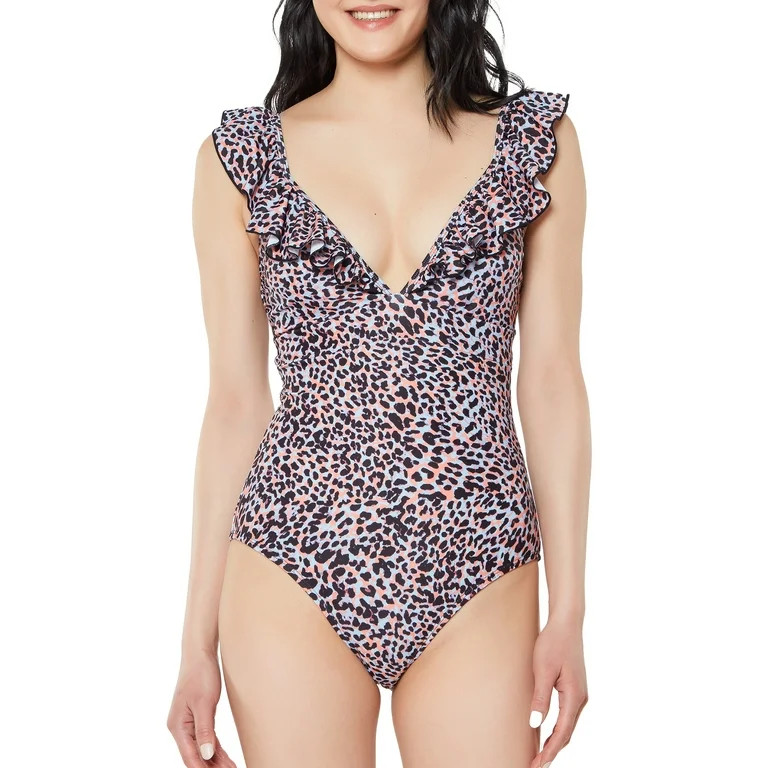 JS Jessica Simpson Women's Groovy Leopard Frill Plunge One Piece Swimsuit | Walmart (US)