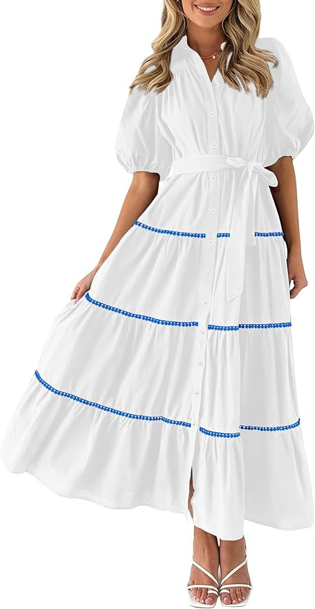 PRETTYGARDEN Womens Summer Button Down Shirt Dress Short Puffy Sleeve Tiered Ruffle Flowy Long Ma... | Amazon (US)