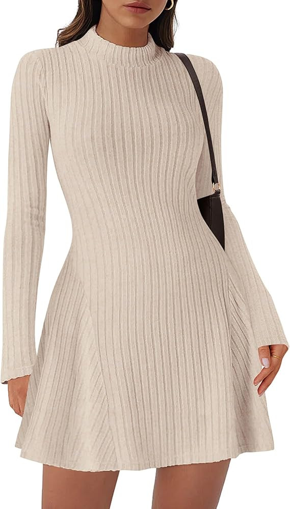 KIRUNDO Women's Sweater Dress 2025 Fall Lightweight Long Sleeve Mock Neck A Line Fit and Flare Ri... | Amazon (US)