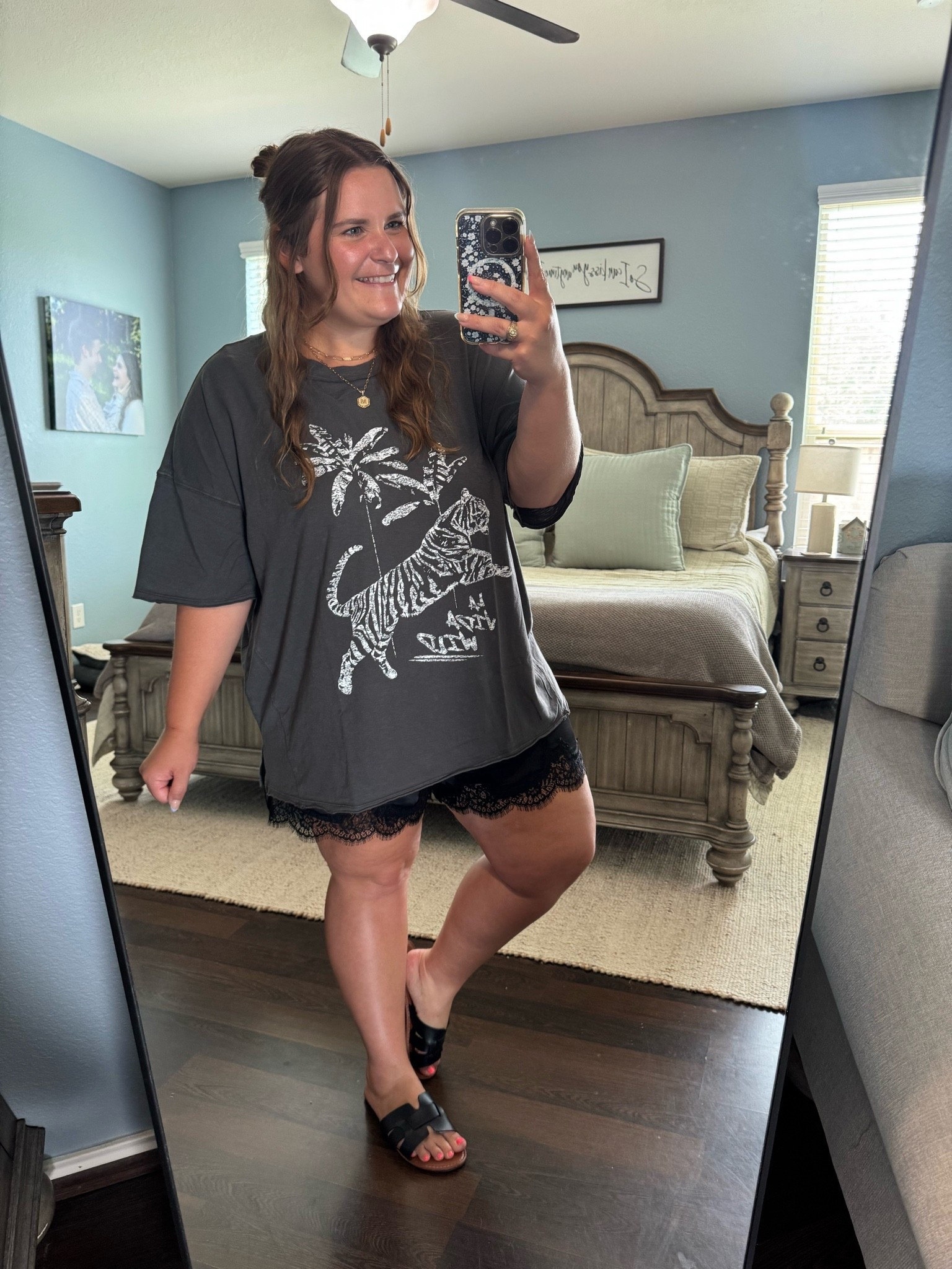Such a cute outfit! I’m wearing an xl in the aerie graphic tshirt and an xl in the black lace-trim satin shorts. They are curvy girl approved and oh so comfy! I’m 5’1 and a size 16 for reference.

#LTKootd #LTKMidsize #LTKPlusSize