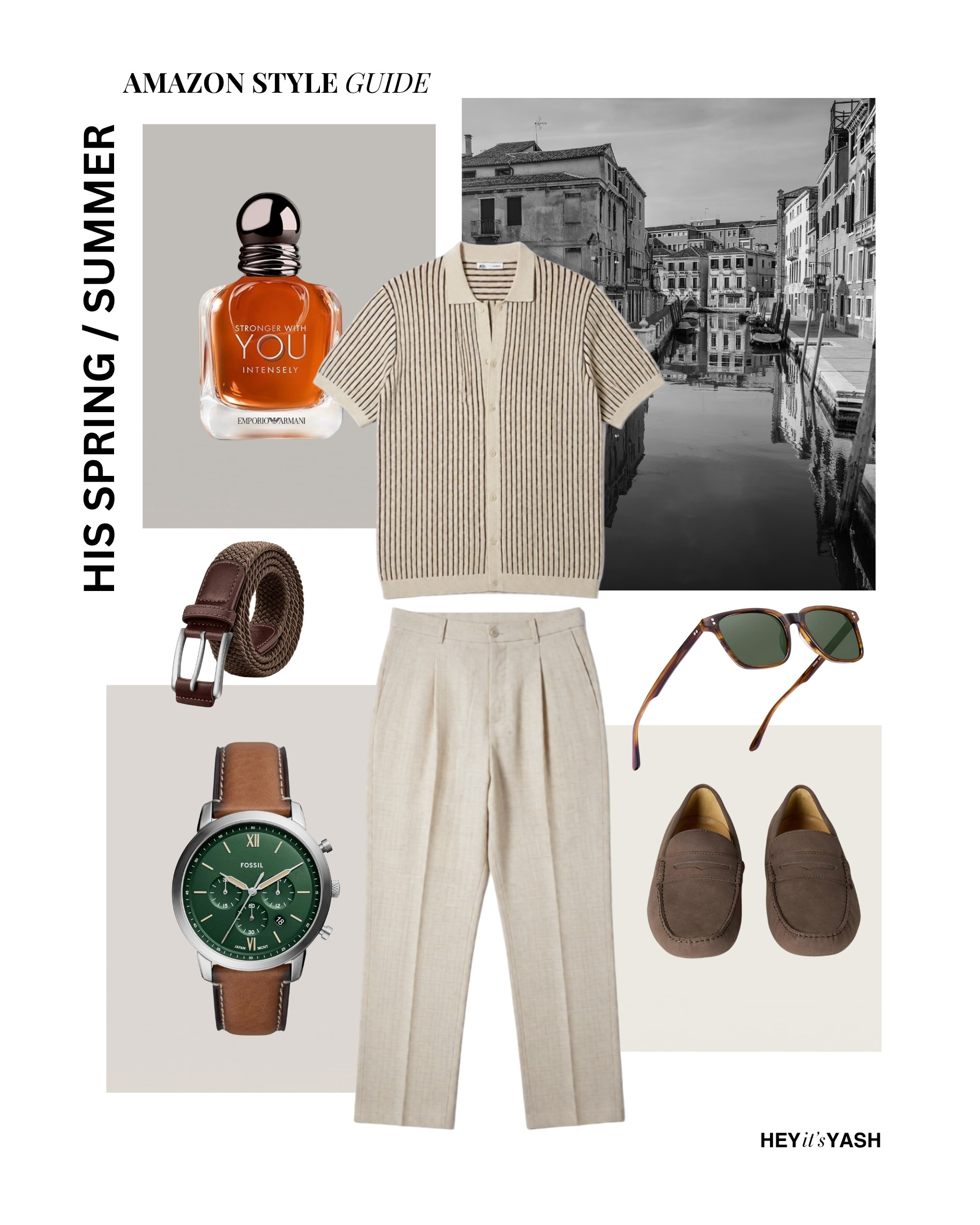 cream striped knit polo men, linen dress trousers men, brown suede driving loafers, braided leather belt men, Fossil neutra chronograph watch, tortoise frame sunglasses men, Emporio Armani Stronger With You Intensely #HisStyleGuide #AmazonFashion #AmazonStyle #MensSpringOutfit #MensSummerOutfit #LinenOutfitMen #KnitPoloShirt #SuedeLoafers #FossilWatch #EmporioArmani #StrongerWithYou #MensOOTD #MenswearDaily #SpringSummer2026 #EuropeanSummerStyle #MensFashionInspo #OutfitInspo #LTKMens #LTKStyle #PinterestMensFashion 

 #LTKootd #LTKTravel #LTKMens