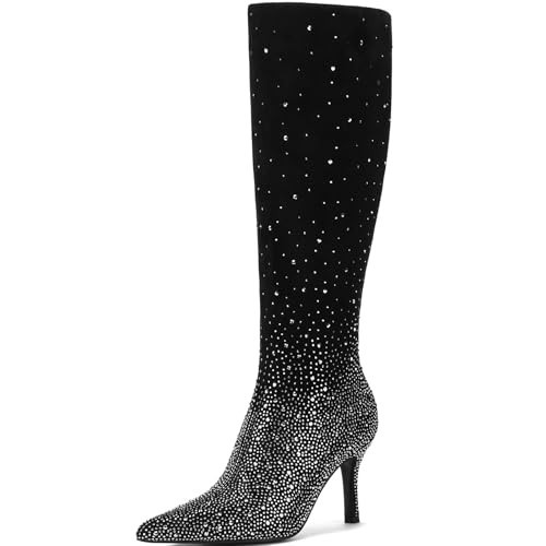 AIUNIIND Women's Rhinestone Knee High Boots Pointed Toe Sparkly Stiletto Heel Boots Side Zipper Glitter Boots for Party,Black 8.5 | Amazon (US)