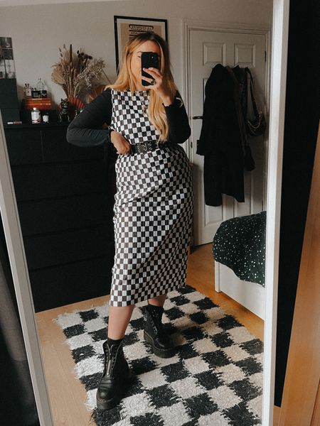 Everyday alternative outfits. Checkerboard dress with long sleeve black top and docs🖤