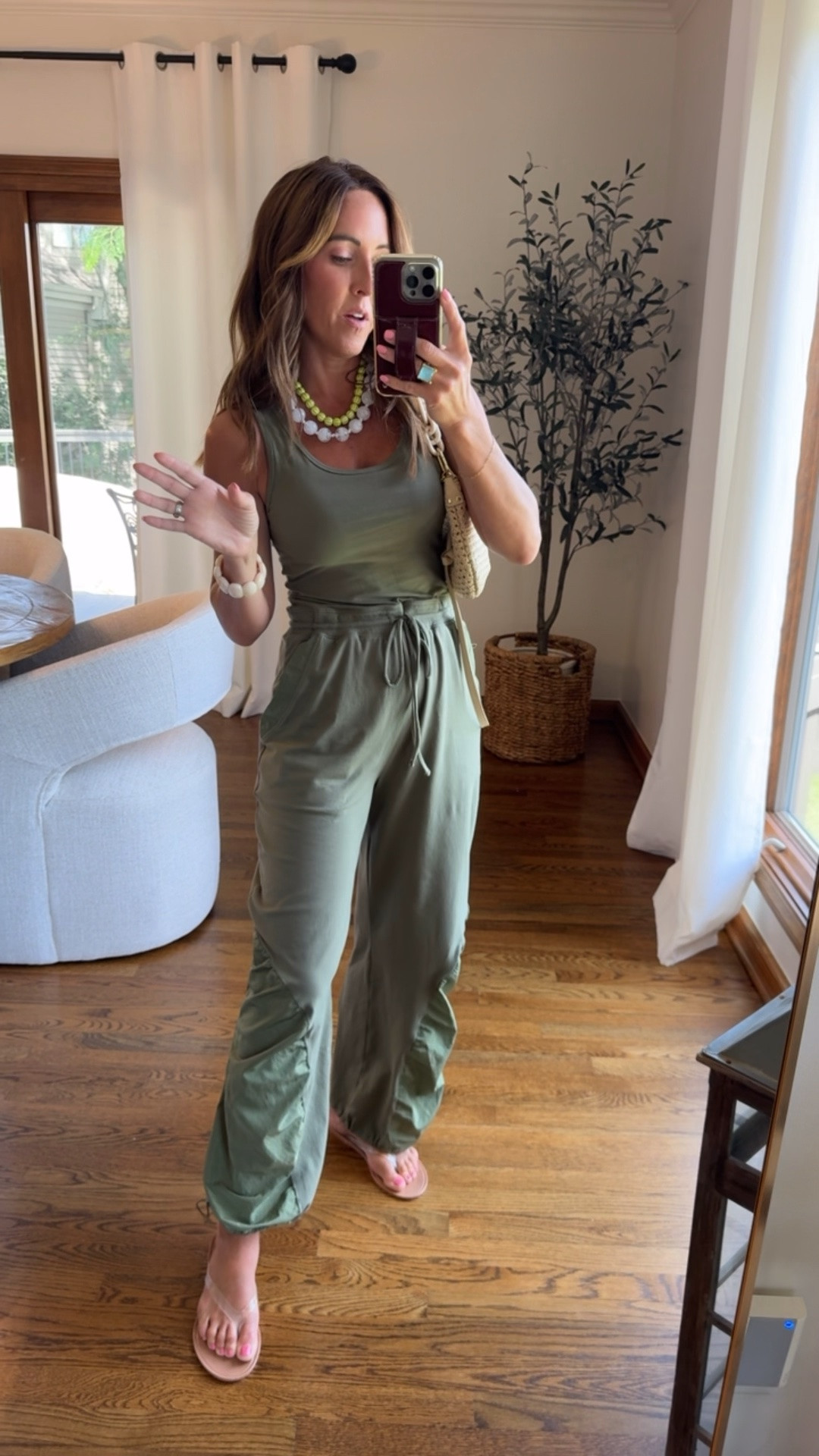 Hey there cute jumpsuit! XS 
Olive green. Love the fabric mix detail. 
Necklaces. 20% off / twopeasinablog20

#LTKootd #LTKmomlife #LTKOver40