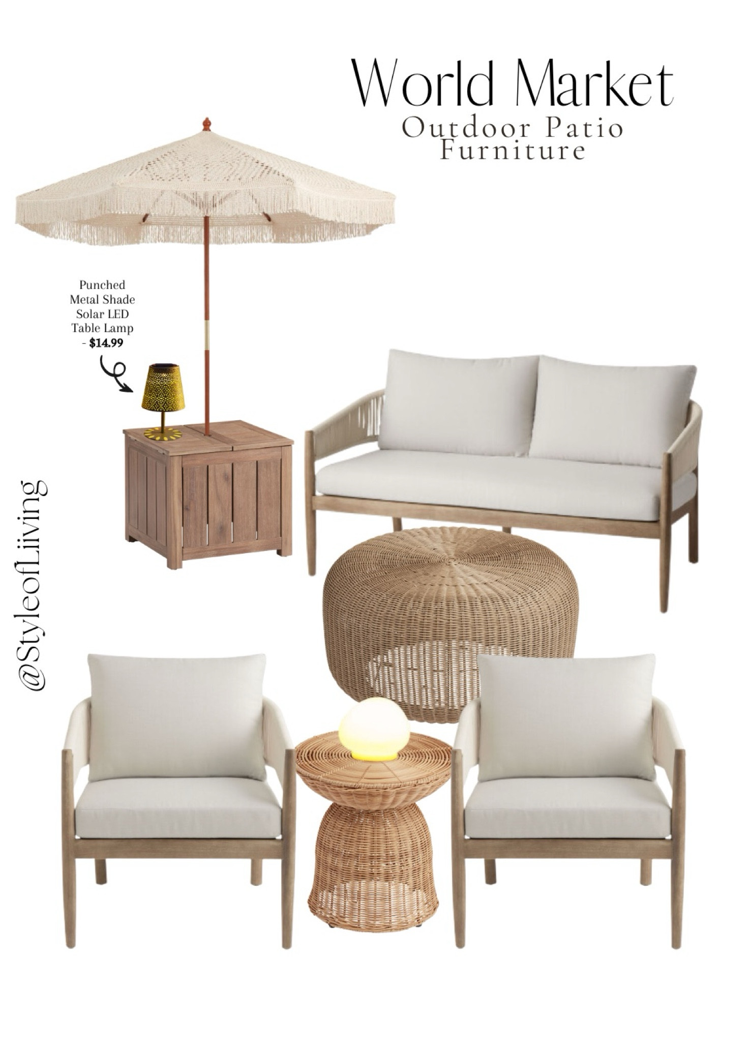 World Market outdoor furniture patio sets, umbrellas, side tables, chairs, loveseats, coffee tables, lights.

#LTKSeasonal #LTKStyleTip #LTKHome