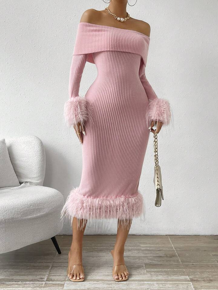 SHEIN BAE Women's Slim Fit Fuzzy Trim Patchwork Dress | SHEIN