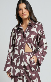 Janissa Shirt - Long Sleeve Satin Shirt in Brown Floral | Showpo (US, UK & Europe)