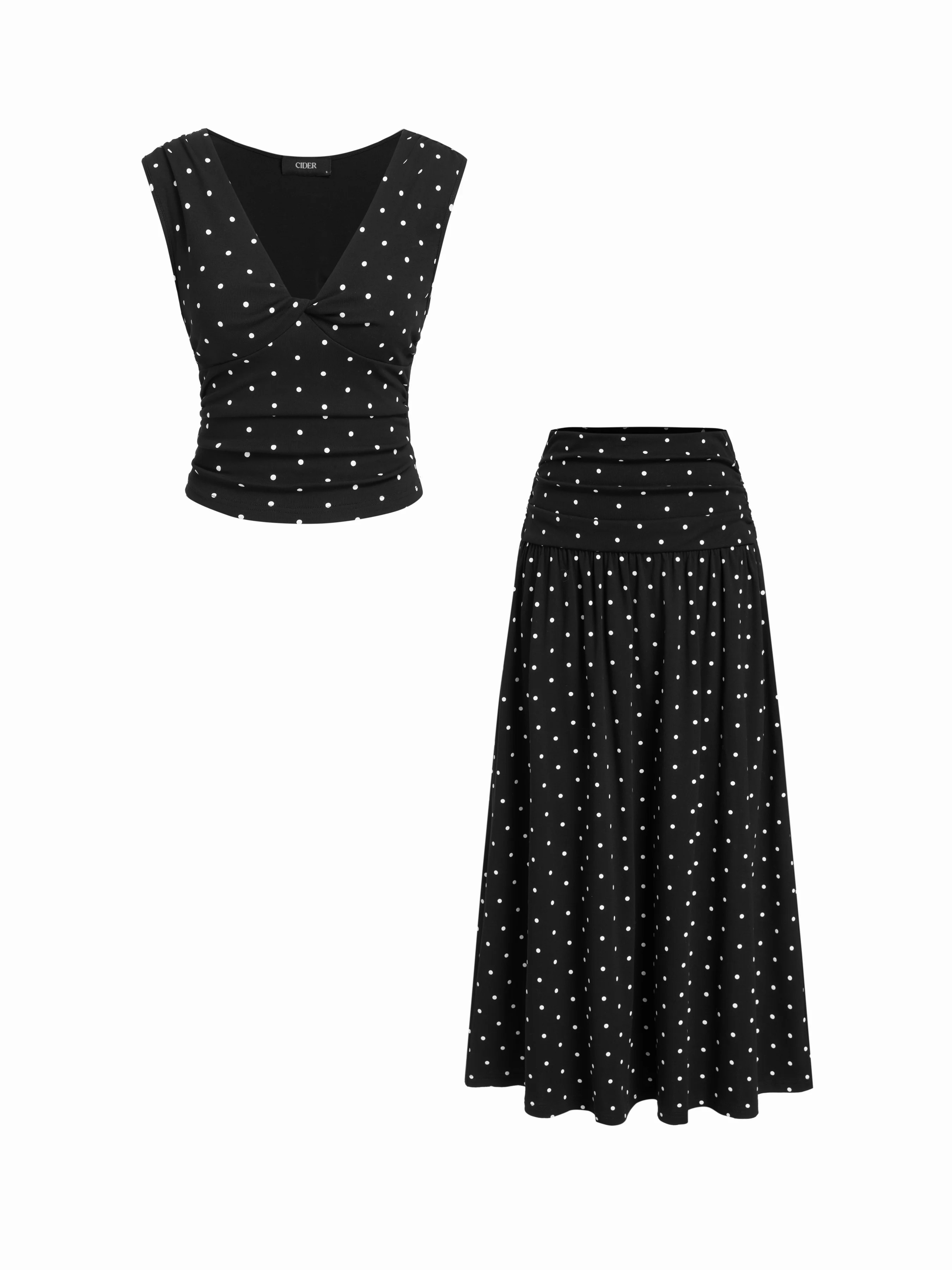 V-neck Twist Ruched Top & Mid Rise Ruched Flared Maxi Skirt Set | Cider