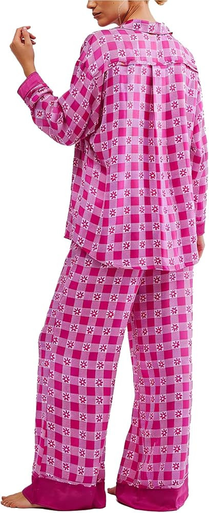 Women Satin Pajama Set Floral Silk Pajamas 2 Piece Lounge Sets Button Down Shirts Wide Leg Pants ... | Amazon (US)