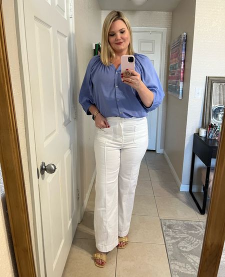 Kohl’s try on. Wide leg white jeans have stretch and are very comfy. Wearing size 12, TTS, also come in blue and black. Top runs big, consider sizing down. In the large, would prefer medium. Raffia sandals are comfortable, cute and fit TTS. Spring and summer outfit. Vacation outfit  

#LTKworkwear #LTKmidsize #LTKover40