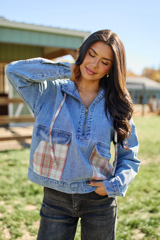 Icelyn Denim Plaid Pocket Pullover | Pink Lily