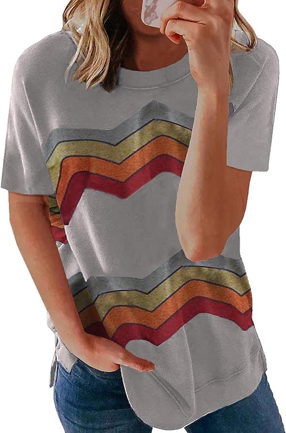 BTFBM Women Summer Short Sleeve Shirts Crew Neck Color Block Irregular Striped Print Loose Soft C... | Amazon (US)