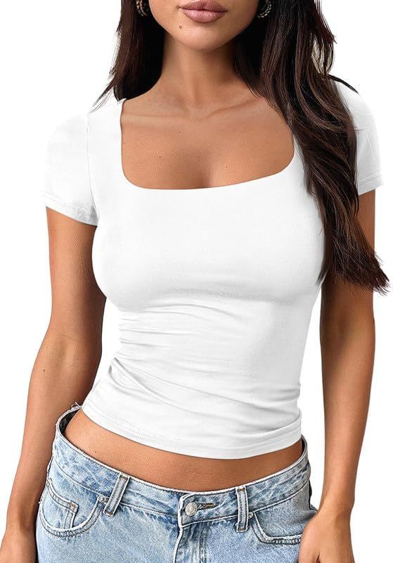 Trendy Queen Womens Short Sleeve T Shirts Square Neck Crop Going Out Cute Tops for Women Basics T... | Amazon (US)