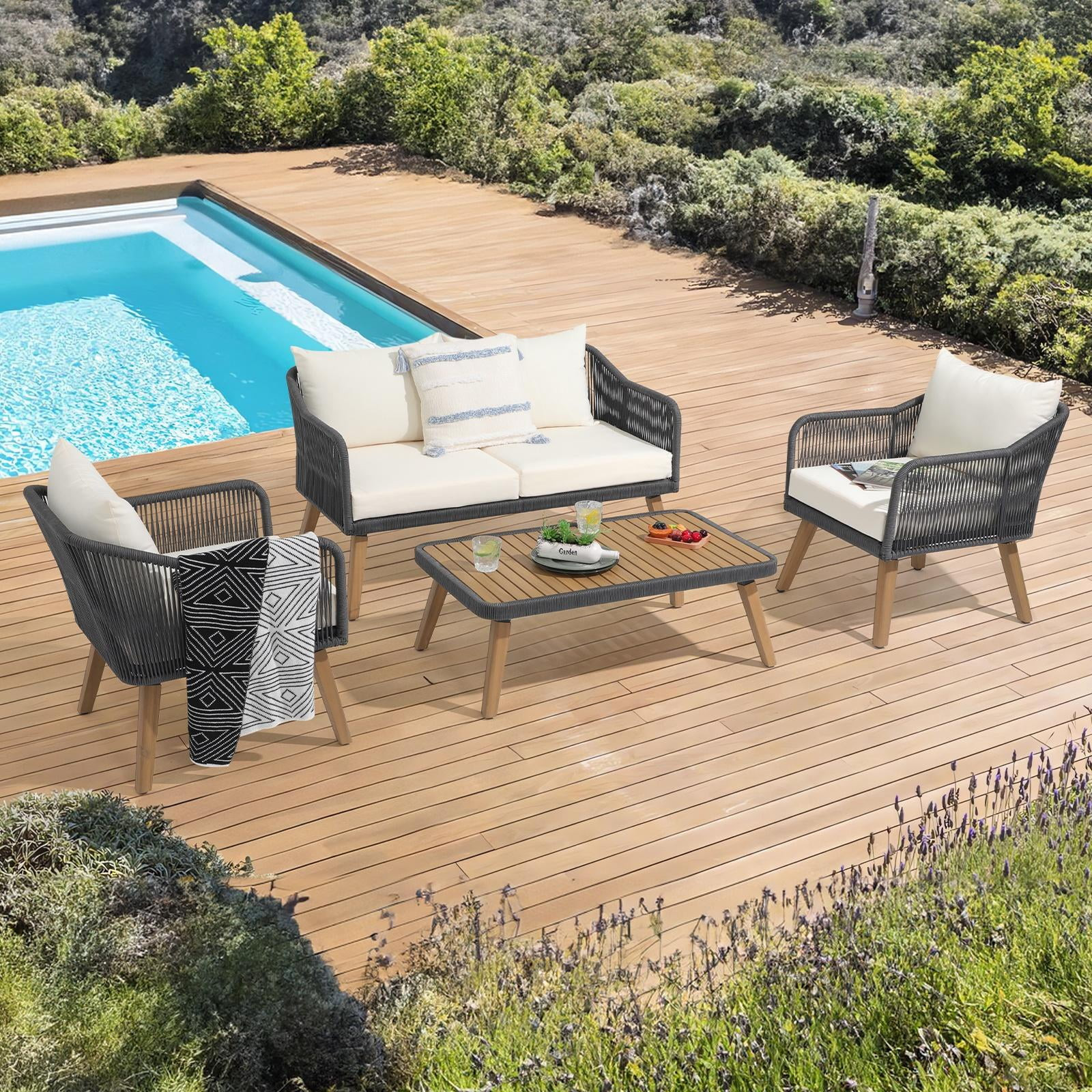 OC Orange-Casual Outdoor FSC Acacia Wood Furniture Set, All-Weather Patio Rope Sofa Set, Lounge L... | Walmart (US)