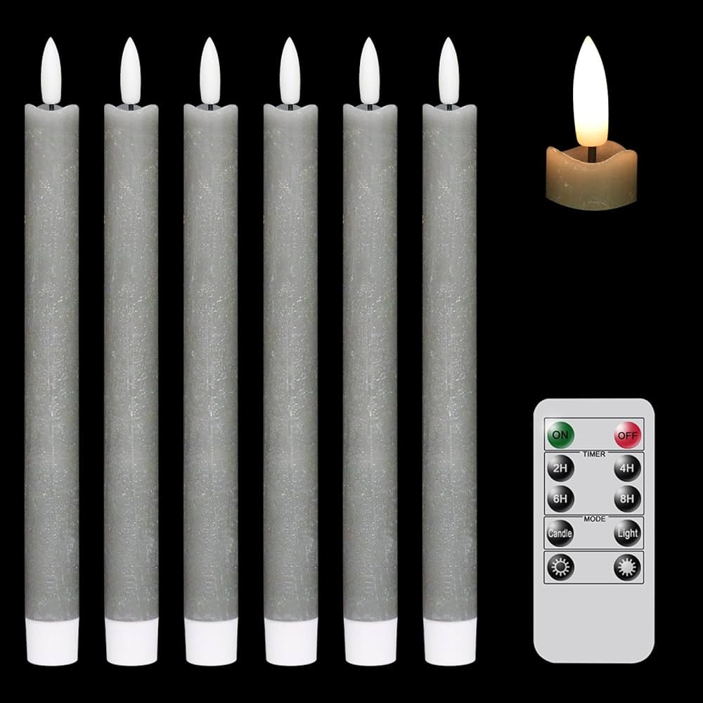 GenSwin Flameless Grey Taper Candles Flickering with 10-Key Remote, Battery Operated Led Warm 3D Wick Light Window Candles Real Wax Pack of 6, Christmas Home Wedding Decor(0.78 X 9.64 Inch) | Amazon (US)