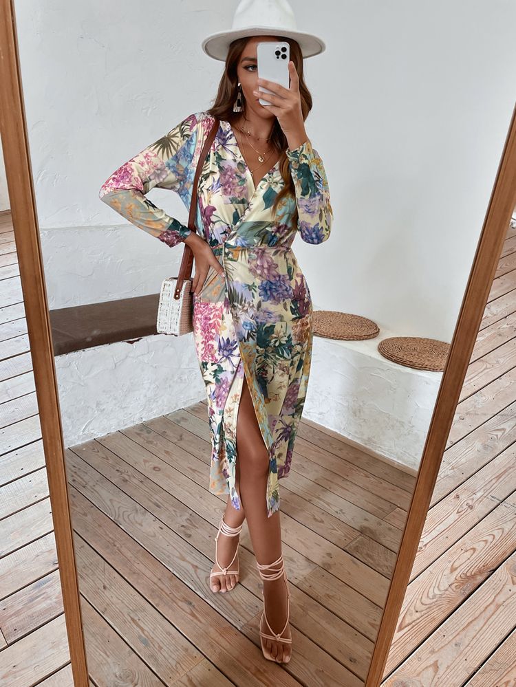 Allover Floral Print Wrap Dress | SHEIN
