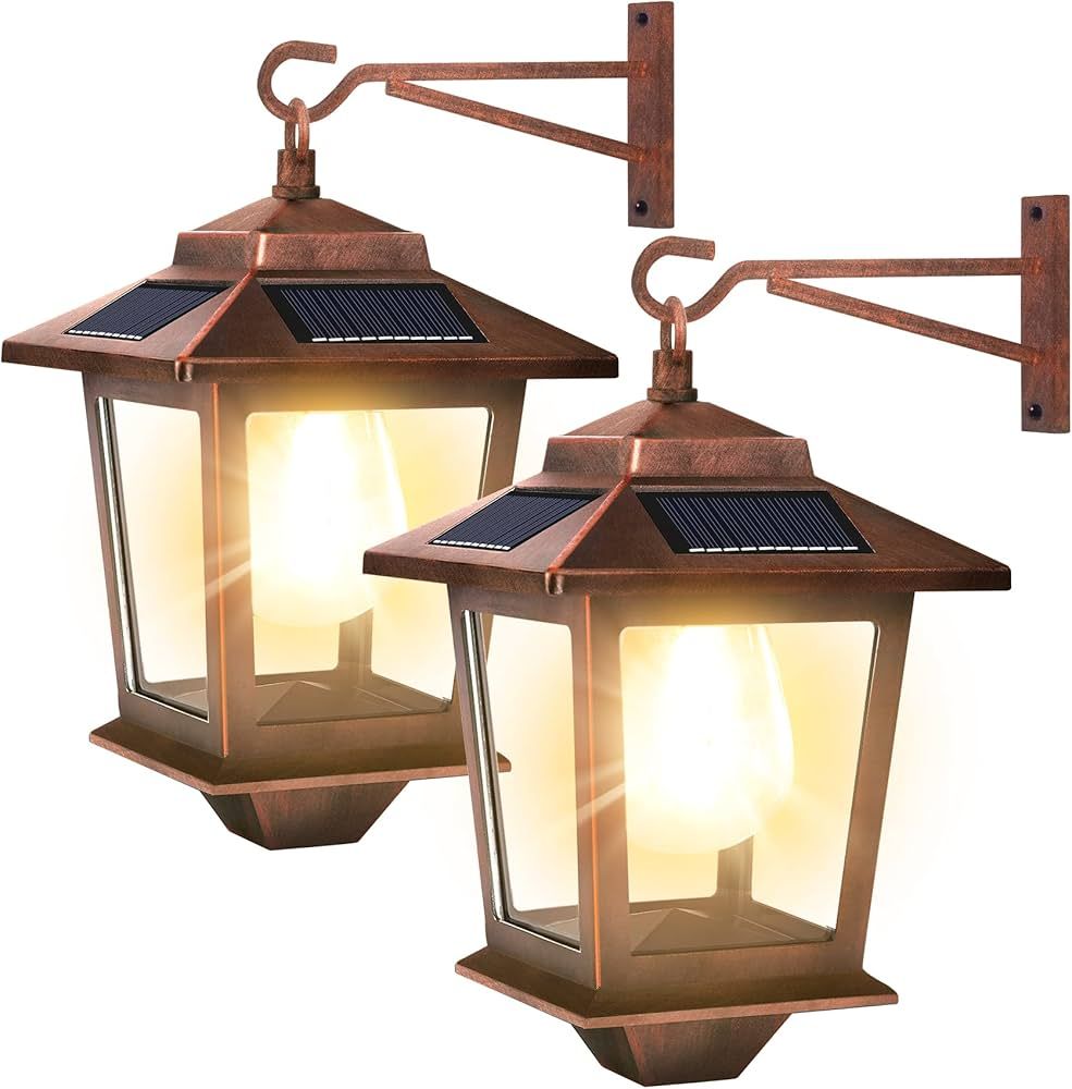 2 Pack Solar Wall Lanterns with Replaceable Bulb,Outdoor Hanging Solar Lights with 4 Solar Panels... | Amazon (US)