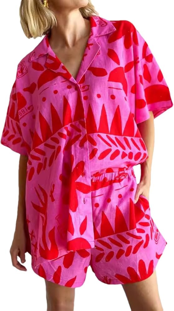 Womens 2 Piece Printed Pajama Set Short Sleeve Button Down Shirt Wide Leg Shorts Summer Loungewea... | Amazon (US)