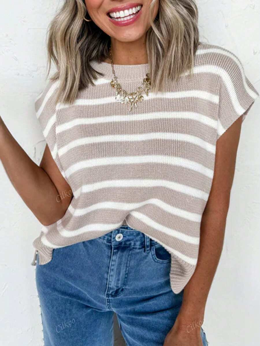 CILKOO Stripe Side Slits Crewneck Short Sleeve Sweater Tee | SHEIN