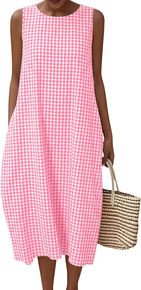 LOMON Summer Dresses for Women Cotton Casual Maxi Dress Beach Vacation Long Sundresses Plaid Stri... | Amazon (US)