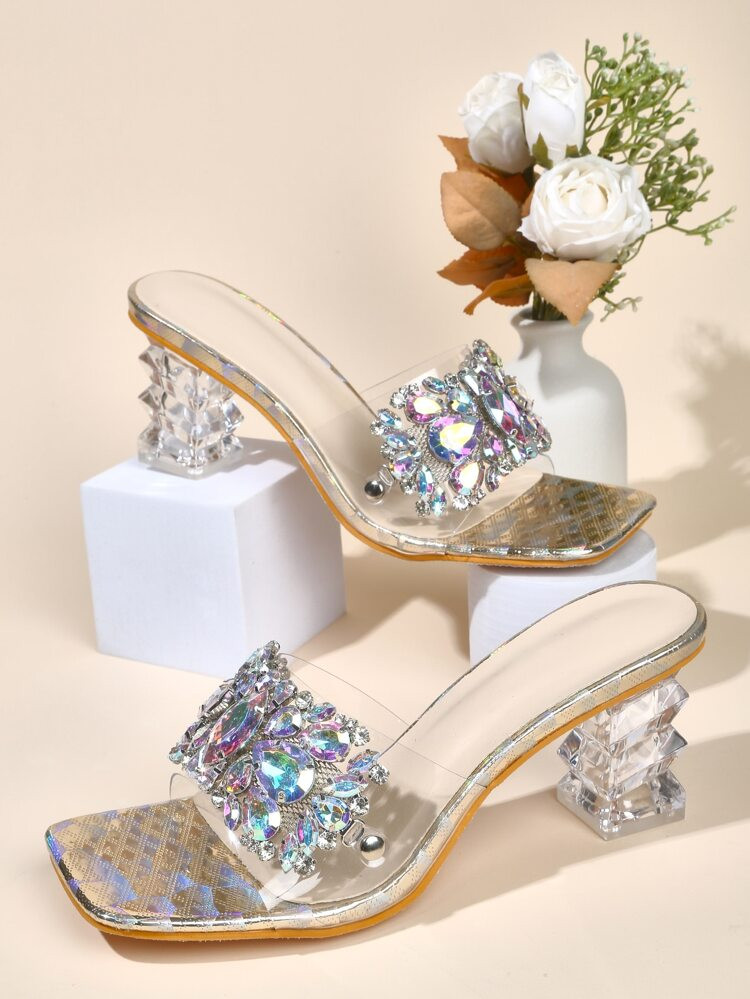Women Rhinestone Decor Clear Strap Sculptural Heeled Mule Sandals Glamorous PVC Heeled Sandals
  ... | SHEIN