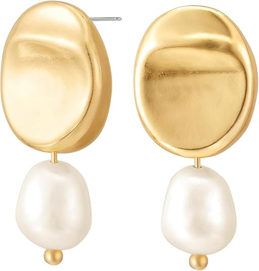 Pearl Stud Earrings 14k Gold Plated Pearl Earrings for Women Stud Gold Small Geometry Women Drop ... | Amazon (US)