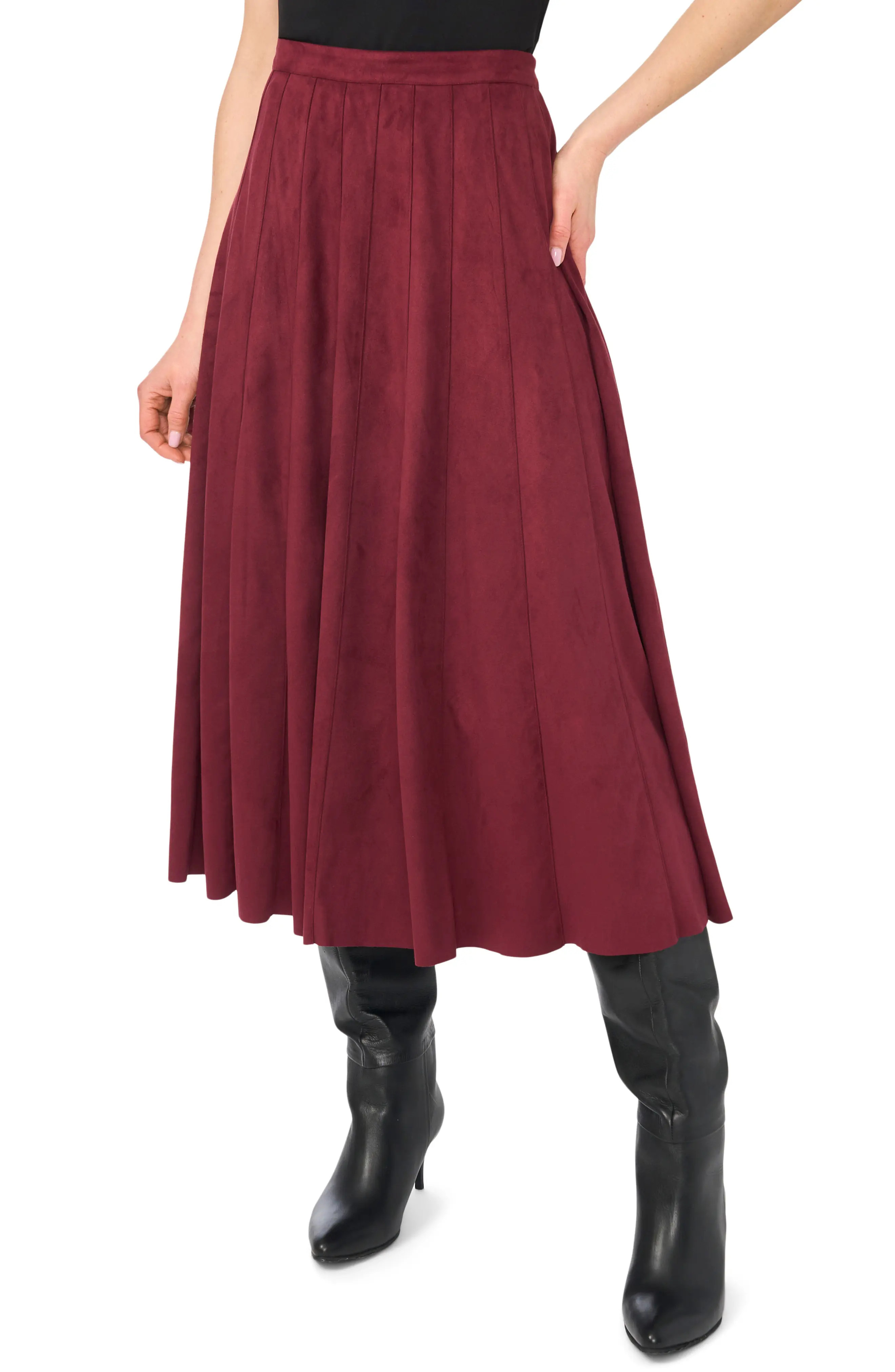 halogen(r) Panelled Pintuck Faux Suede Midi Skirt in Winterberry at Nordstrom, Size Small | Nordstrom