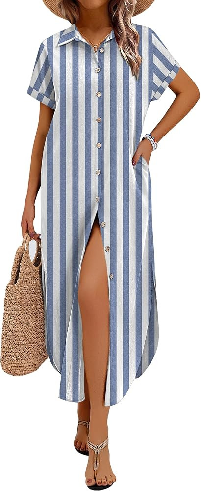 Zeagoo Womens Dresses Casual Summer Short Sleeve Button Down Long Shirt Dresses Swimsuit Beach Co... | Amazon (US)