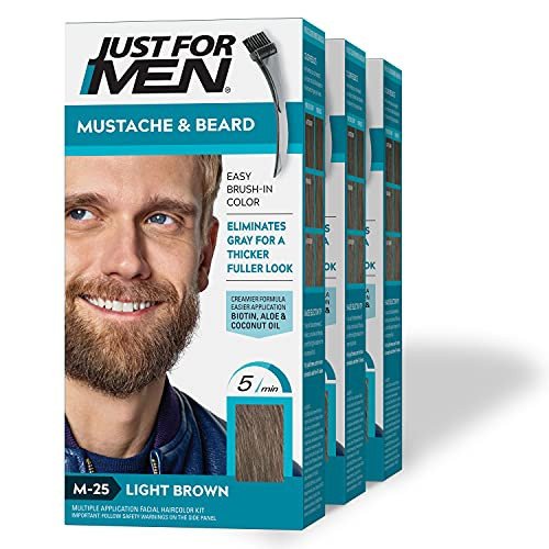 Just For Men Mustache & Beard, Beard Dye for Men with Brush Included for Easy Application, With Biotin Aloe and Coconut Oil for Healthy Facial Hair - Light Brown, M-25, Pack of 3 | Amazon (US)