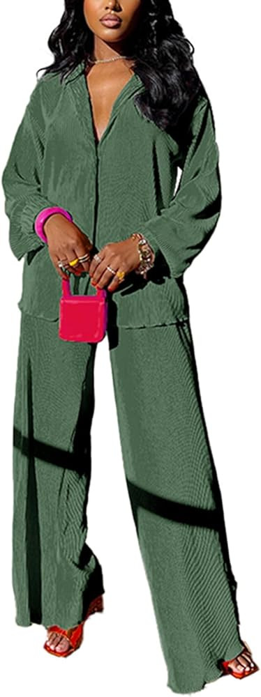 kaimimei Casual 2 Piece Outfit for Women - Linen Long Sleeve Button Down Shirt + Flare Pleated Wi... | Amazon (US)