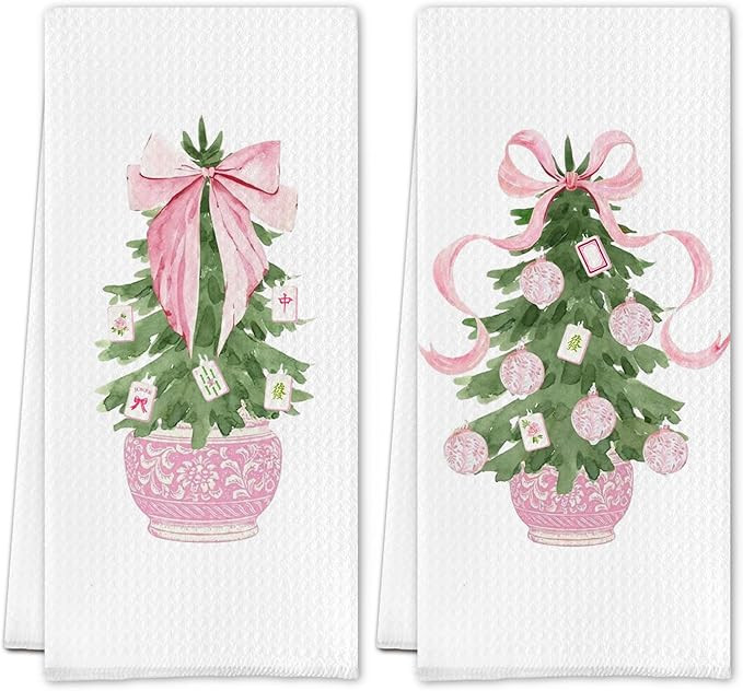 Christmas Chinoiserie Mahjong Kitchen Towels, Mahjong Lover Player Gifts Dish Tea Towels, Pink Bo... | Amazon (US)