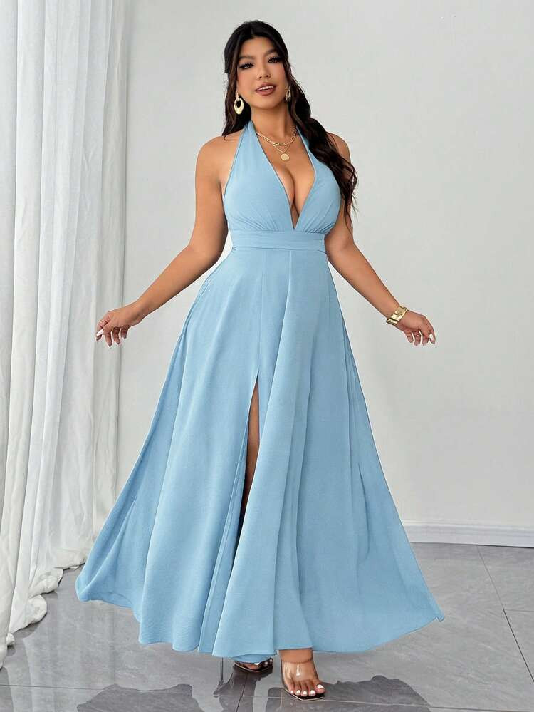 Elenzga Plus Size Women Solid Color Halter Tie Waist Split Design Fashion Party Dress | SHEIN