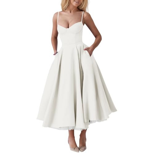 Womens Corset Dress Spaghetti Strap Bustier Midi Dress Vintage Party Dress Flowy Pleated Hem Low Cut Prom Dresses Bustier Dress | Amazon (US)