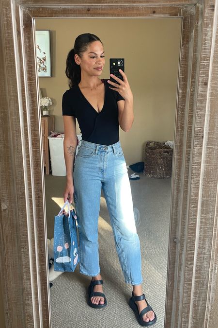 Casual outfit black wrap bodysuit easy straight leg jeans and my favorite minimalist black sandals for summer that can be dressed up or down so easily 😍 #momoutfits 

#LTKShoeCrush #LTKFamily