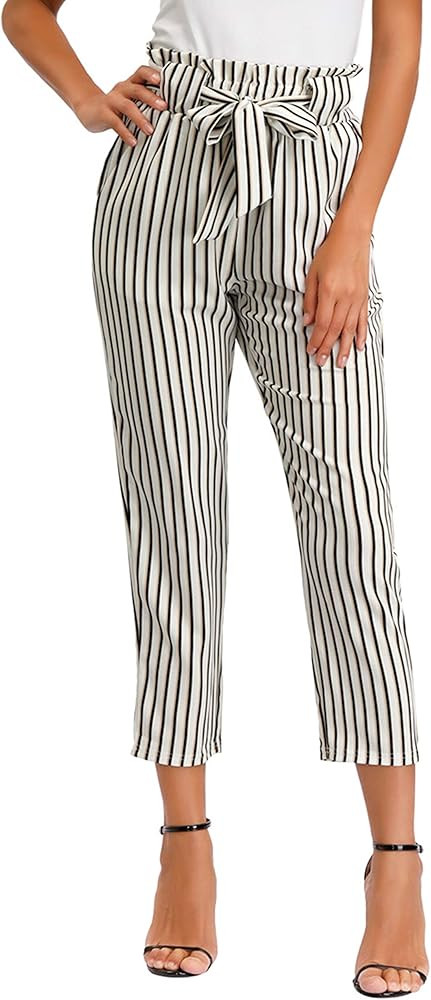 Women Ruffled High Waist Casual Pants Cropped Striped Pants | Amazon (US)