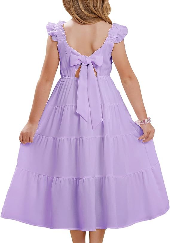 GRACE KARIN Girls Tie Back Party Dress Ruffle Sleeve Smoke Tiered Special Occasions Summer Maxi D... | Amazon (US)