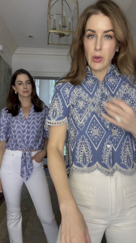 Another round of tops under $80! My blouse is a beautiful embroidered top in a size 4.  I will need to size up to a 6 but Megan is a 4 in this top.  Amazing detail and color for under $50. Very impressed.  Wearing the same denim from yesterday’s post and they are a new brand for me.  A size 26 and I love the length and color.  I’m also linking the same pair but in a cropped version.  

Megan’s top is a size 4 and you can also get matching pants for a cute little set.  Her denim is a 26 and is high waisted with a small flair at the bottom and finished hem. 

Blouse, summer blouse, button-up blouse, white denim, white pants, sandals, loafers, summer look, summer outfit, travel outfit, casual look, easy look, affordable finds