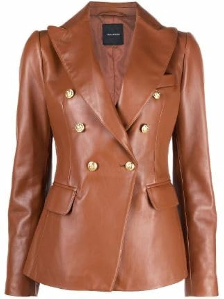 Womens Indian Black Double Breasted Slim Fit Real Leather Jacket Blazer with Lion Head Button | Amazon (US)