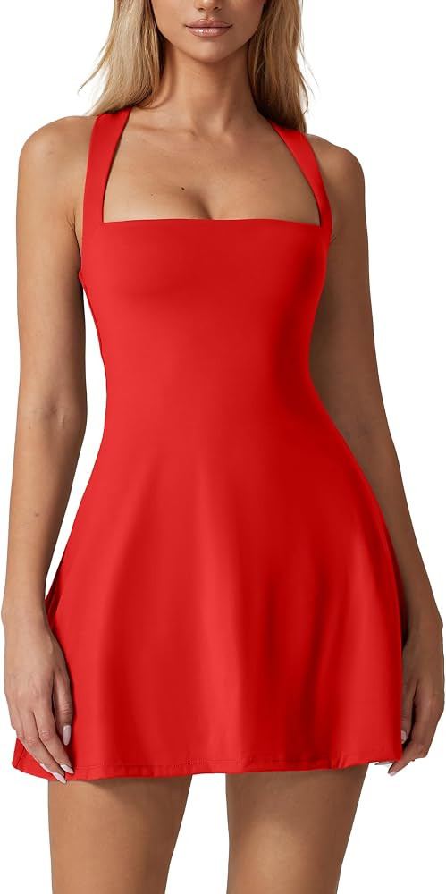 QINSEN Womens Square Neck Tennis Dress Sleeveless Built in Shorts Golf Athletic Dress with Pocket... | Amazon (US)