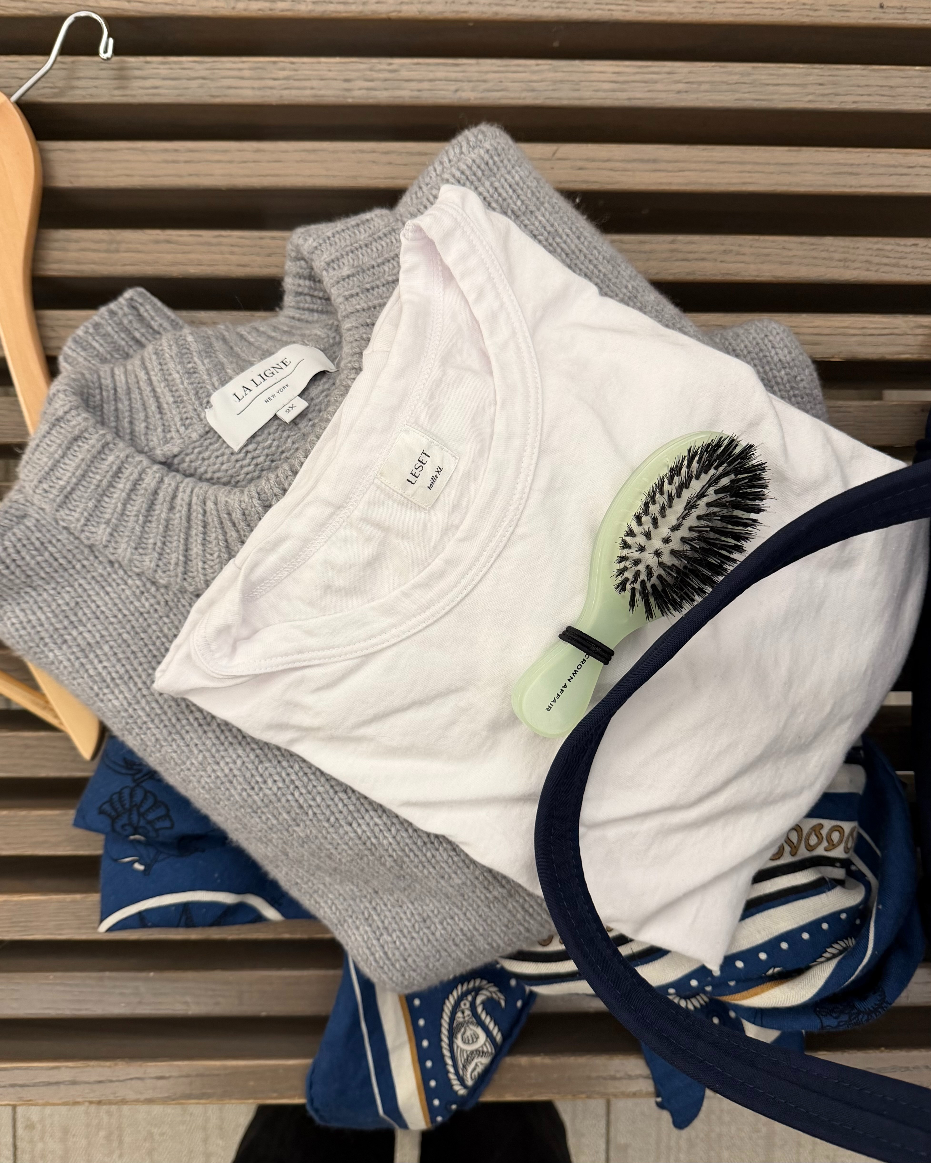 a very classic Nan outfit of a La Ligne Marin Sweater in Grey and a White Margot tee from Leset.  

 #LTKdayinmylife #LTKgrwm