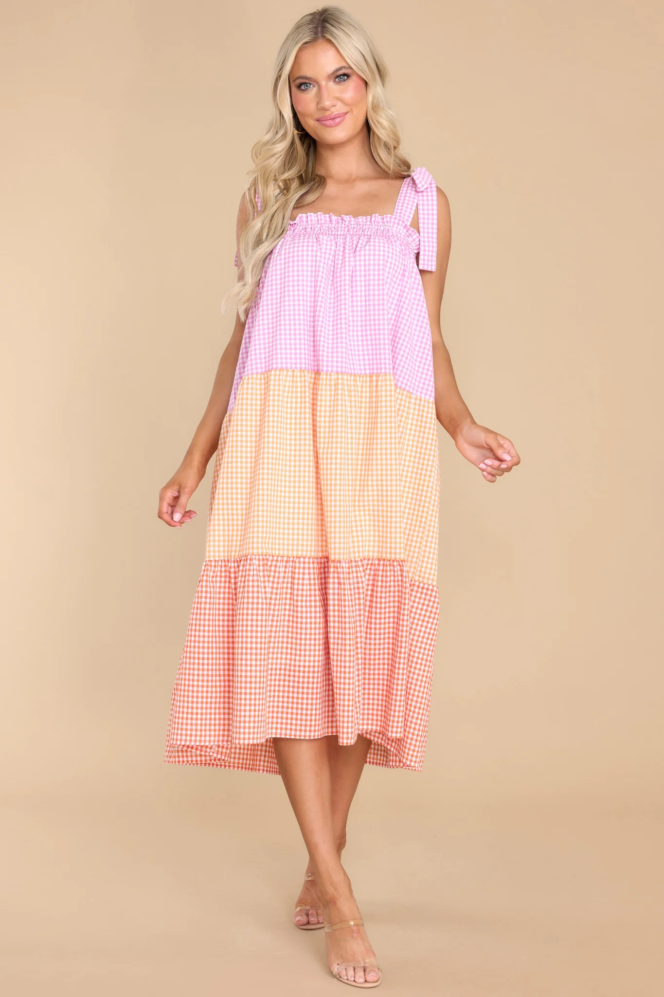 Delight Yourself Pink Multi Gingham Midi Dress | Red Dress 